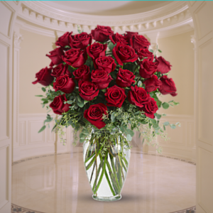 "2 dozen red roses in glass vase"