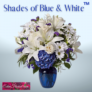 "Shades of Blue and White Vase of Flowers"