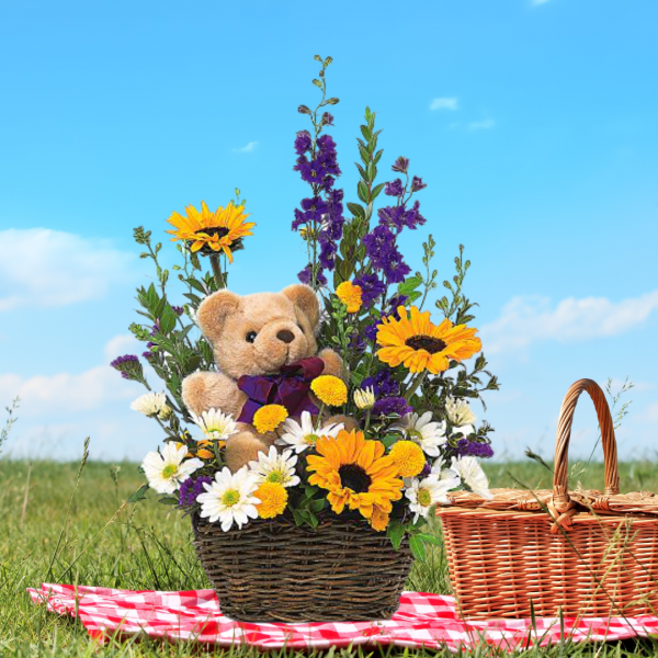 "bear and basket picnic bouquet"
