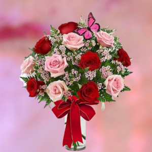 "dozen fancy pink and red roses"