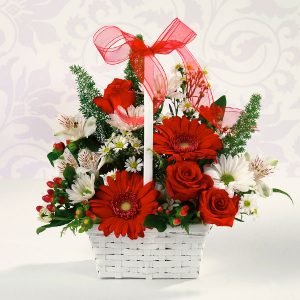 "red and white delight basket of flowers"