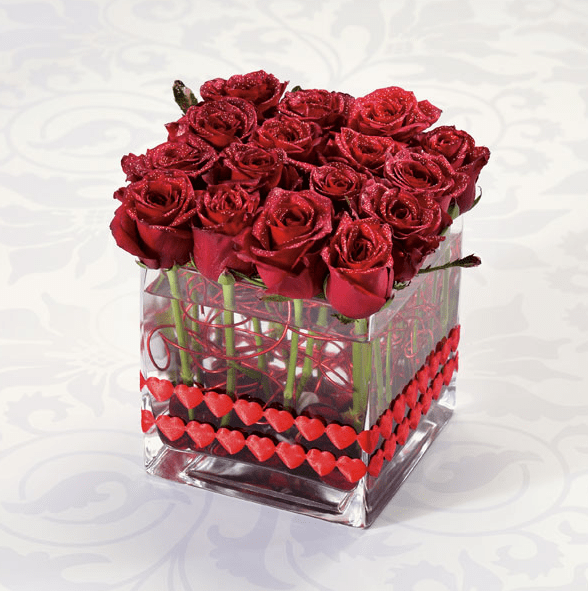 "Sexy 16 roses in square vase"